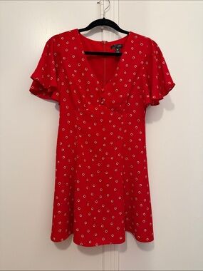 Red Polka Dot V‑Neck Flutter Sleeve Dress - Aqua size xs